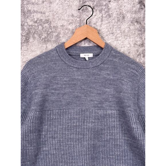 REISS Sweater Medium Mens Ice Blue Ribbed Crewneck Jumper - Picture 2 of 9